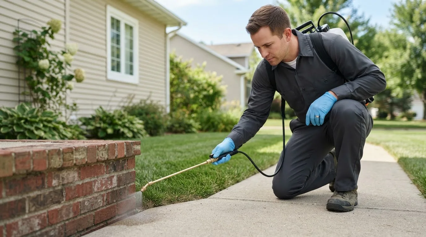 Pest control technician treating a home near Malden, MA